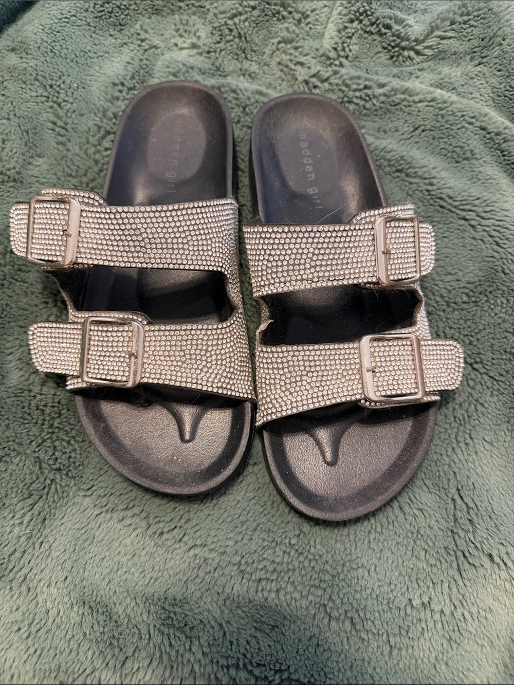 Madden Girl Silver Rhinestone Double-Buckle Slide Sandals